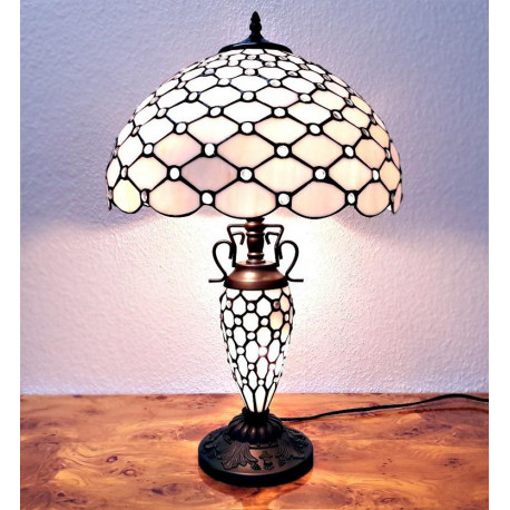 Tiffany Tischleuchte mit beleuchtetem Fuß weiß im Tiffany Stil m82
